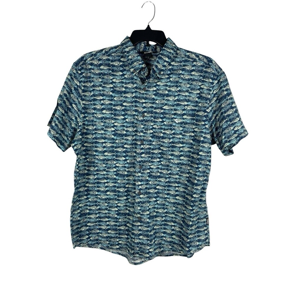Eddie Bauer Fish Print Shirt Mens XL Blue Short Sleeve Button Up Coastal Beach